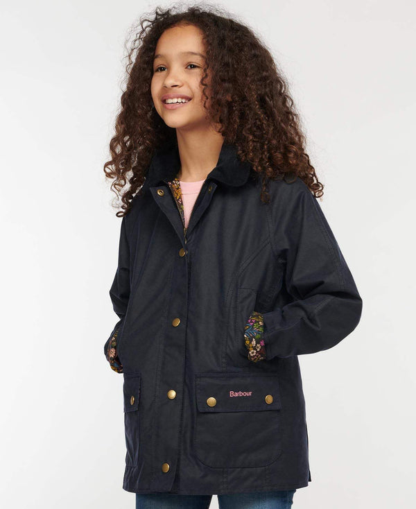 Barbour Barnavaxjakki - Girls Hooded Beadnell Wax - Navy