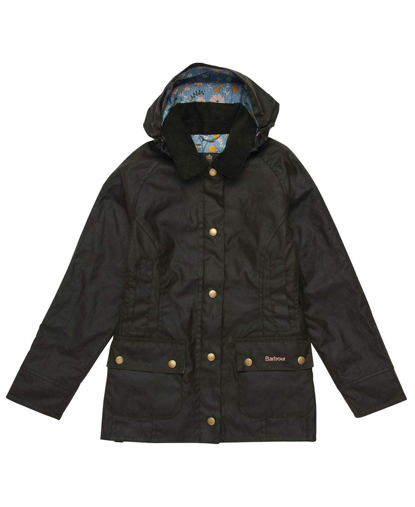 Barbour Barnavaxjakki - Girls Hooded Beadnell Wax - Olive/Folky Floral